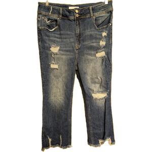 Risen Distressed Straight Leg Jeans Womens 2XL Blue Medium Wash Hippy Raw Hem